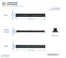 Load image into Gallery viewer, Overall dimensions of a 48-inch 1-slot linear slot diffuser with 25mm opening in matte black.