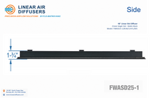 Load image into Gallery viewer, Side profile and dimensions of a 48-inch 1-slot linear slot diffuser with 25mm opening in matte black.