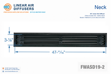 Load image into Gallery viewer, Neck dimensions of a 48-inch 2-slot linear slot diffuser with 19mm opening in matte black.
