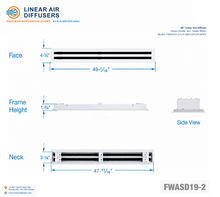 Load image into Gallery viewer, Overall dimensions of a 48-inch 2-slot linear slot diffuser with 19mm opening in matte white.
