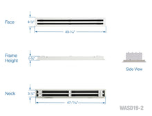 Load image into Gallery viewer, Full dimensions of a white 48 inch 2-slot linear diffuser with 19mm openings for precision airflow in commercial HVAC systems