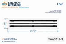 Load image into Gallery viewer, Face dimensions of a 48-inch 3-slot linear slot diffuser with 19mm opening in matte white.