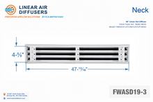 Load image into Gallery viewer, Neck dimensions of a 48-inch 3-slot linear slot diffuser with 19mm opening in matte white.