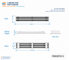 Load image into Gallery viewer, Overall dimensions of a 48-inch 3-slot linear slot diffuser with 19mm opening in matte white.