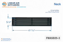 Load image into Gallery viewer, Neck dimensions of a 48-inch 3-slot linear slot diffuser with 25mm opening in matte black.