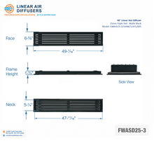 Load image into Gallery viewer, Overall dimensions of a 48-inch 3-slot linear slot diffuser with 25mm opening in matte black.