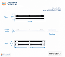 Load image into Gallery viewer, Overall dimensions of a 48-inch 3-slot linear slot diffuser with 25mm opening in matte white.