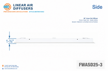Load image into Gallery viewer, Side profile and dimensions of a 48-inch 3-slot linear slot diffuser with 25mm opening in matte white.