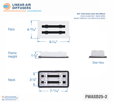 Load image into Gallery viewer, Overall dimensions of a 8x4-inch 2-slot linear slot diffuser with 25mm opening in matte white.
