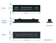 Load image into Gallery viewer, Face dimensions of a black 12-inch 1-slot linear diffuser with 25mm openings for high airflow in commercial HVAC systems