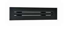 Load image into Gallery viewer, Side view of a black 12-inch 1-slot linear diffuser with 25mm openings for high airflow in commercial HVAC systems
