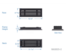 Load image into Gallery viewer, Full dimensions of a black 12x4 inch 2-slot linear diffuser with 25mm openings for high airflow in commercial HVAC systems