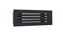Load image into Gallery viewer, Side view of a black 12x4 inch 2-slot linear diffuser with 25mm openings for high airflow in commercial HVAC systems