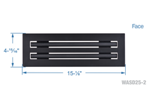 Load image into Gallery viewer, Face dimensions of a black 14x4 inch 2-slot linear diffuser with 25mm openings for high airflow in commercial HVAC systems