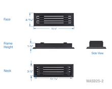Load image into Gallery viewer, Full dimensions of a black 14x4 inch 2-slot linear diffuser with 25mm openings for high airflow in commercial HVAC systems
