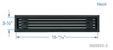 Load image into Gallery viewer, Neck dimensions of a black 16 inch 2-slot linear diffuser with 25mm openings for high airflow in commercial HVAC systems