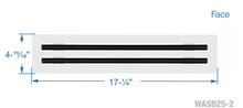 Load image into Gallery viewer, Face dimensions of a white 16 inch 2-slot linear diffuser with 25mm openings for high airflow in commercial HVAC systems