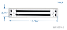 Load image into Gallery viewer, Neck dimensions of a white 16 inch 2-slot linear diffuser with 25mm openings for high airflow in commercial HVAC systems