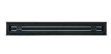 Load image into Gallery viewer, Back view of a black 18-inch 1-slot linear diffuser with 25mm openings for high airflow in commercial HVAC systems