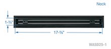 Load image into Gallery viewer, Neck dimensions of a black 18-inch 1-slot linear diffuser with 25mm openings for high airflow in commercial HVAC systems