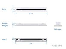 Load image into Gallery viewer, Full dimensions of a white 18 inch 1-slot linear diffuser with 25mm openings for high airflow in commercial HVAC systems