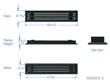 Load image into Gallery viewer, Full dimensions of a black 18 inch 2-slot linear diffuser with 25mm openings for high airflow in commercial HVAC systems