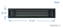 Load image into Gallery viewer, Neck dimensions of a black 18 inch 2-slot linear diffuser with 25mm openings for high airflow in commercial HVAC systems