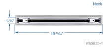 Load image into Gallery viewer, Neck dimensions of a white 20 inch 1-slot linear diffuser with 25mm openings for high airflow in commercial HVAC systems
