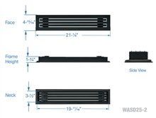 Load image into Gallery viewer, Full dimensions of a black 20 inch 2-slot linear diffuser with 25mm openings for high airflow in commercial HVAC systems
