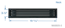 Load image into Gallery viewer, Neck dimensions of a black 20 inch 2-slot linear diffuser with 25mm openings for high airflow in commercial HVAC systems