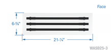 Load image into Gallery viewer, Face dimensions of a white 20 inch 3-slot linear diffuser with 25mm openings for high airflow in commercial HVAC systems