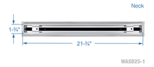 Load image into Gallery viewer, Neck dimensions of a white 22 inch 1-slot linear diffuser with 25mm openings for high airflow in commercial HVAC systems