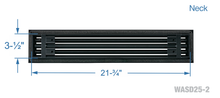 Load image into Gallery viewer, Neck dimensions of a black 22 inch 2-slot linear diffuser with 25mm openings for high airflow in commercial HVAC systems