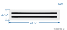 Load image into Gallery viewer, Face dimensions of a white 22 inch 2-slot linear diffuser with 25mm openings for high airflow in commercial HVAC systems