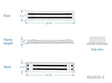 Load image into Gallery viewer, Full dimensions of a white 22 inch 2-slot linear diffuser with 25mm openings for high airflow in commercial HVAC systems