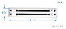Load image into Gallery viewer, Neck dimensions of a white 22 inch 2-slot linear diffuser with 25mm openings for high airflow in commercial HVAC systems