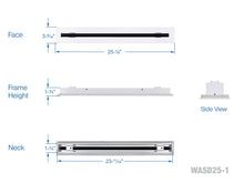 Load image into Gallery viewer, Full dimensions of a white 24 inch 1-slot linear diffuser with 25mm openings for high airflow in commercial HVAC systems
