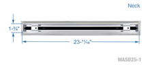 Load image into Gallery viewer, Neck dimensions of a white 24 inch 1-slot linear diffuser with 25mm openings for high airflow in commercial HVAC systems