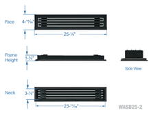 Load image into Gallery viewer, Full dimensions of a black 24 inch 2-slot linear diffuser with 25mm openings for high airflow in commercial HVAC systems