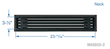 Load image into Gallery viewer, Neck dimensions of a black 24 inch 2-slot linear diffuser with 25mm openings for high airflow in commercial HVAC systems