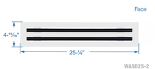 Load image into Gallery viewer, Face dimensions of a white 24 inch 2-slot linear diffuser with 25mm openings for high airflow in commercial HVAC systems