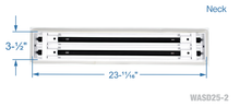 Load image into Gallery viewer, Neck dimensions of a white 24 inch 2-slot linear diffuser with 25mm openings for high airflow in commercial HVAC systems