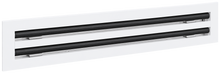 Load image into Gallery viewer, Side view of a white 24 inch 2-slot linear diffuser with 25mm openings for high airflow in commercial HVAC systems