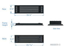 Load image into Gallery viewer, Full dimensions of a black 24 inch 3-slot linear diffuser with 25mm openings for high airflow in commercial HVAC systems
