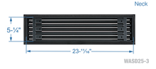 Load image into Gallery viewer, Neck dimensions of a black 24 inch 3-slot linear diffuser with 25mm openings for high airflow in commercial HVAC systems