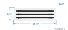Load image into Gallery viewer, Face dimensions of a white 24 inch 3-slot linear diffuser with 25mm openings for high airflow in commercial HVAC systems