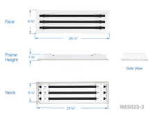 Load image into Gallery viewer, Full dimensions of a white 24 inch 3-slot linear diffuser with 25mm openings for high airflow in commercial HVAC systems