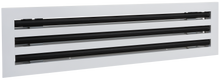 Load image into Gallery viewer, Side view of a white 24 inch 3-slot linear diffuser with 25mm openings for high airflow in commercial HVAC systems