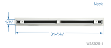 Load image into Gallery viewer, Neck dimensions of a white 32 inch 1-slot linear diffuser with 25mm openings for high airflow in commercial HVAC systems