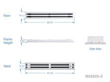 Load image into Gallery viewer, Full measurements of a white 32 inch 2-slot linear diffuser with 25mm openings for high airflow in commercial HVAC systems